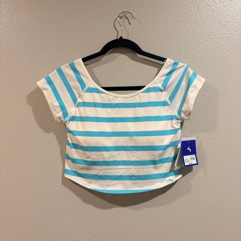 white and blue striped cropped tee with built in shelf bra